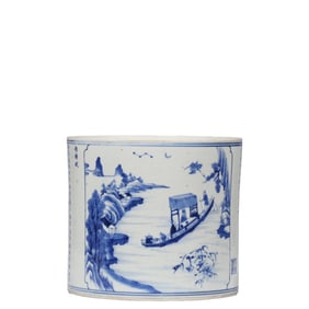 Chinese Qing Dynasty Blue and White Figure Story Brush Holder