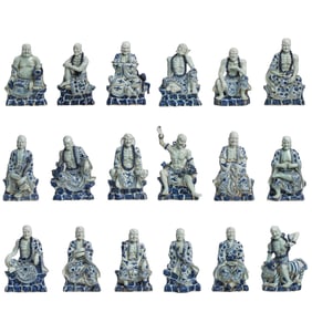Chinese Qing Dynasty Blue and White Seated Eighteen Arhats