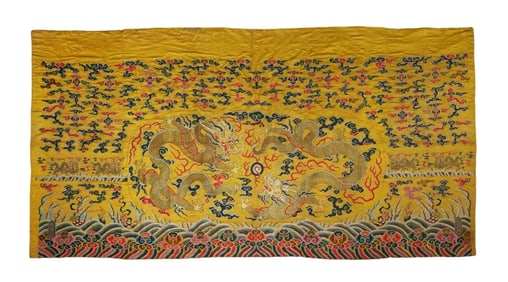 Chinese Qing Dynasty bright yellow satin woven with gold embroidered patterns and two dragons