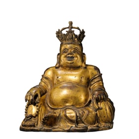 A Chinese Ming Dynasty gilt bronze statue of Maitreya Buddha