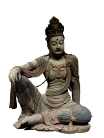 Chinese Song Dynasty wood carving and painted seated Guanyin