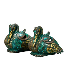 A pair of Chinese Warring States Period gold, silver and turquoise inlaid bird-shaped incense
