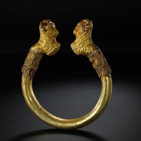 Ancient Persian culture pure gold double sheep head bracelet