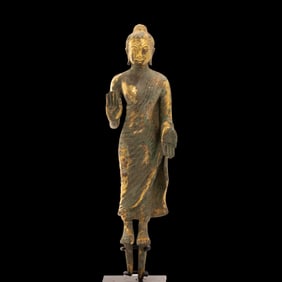 Antique Gilt Bronze Dvaravati Style Standing Buddha Statue [24 x 6cm, 982gram]