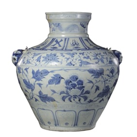 Chinese Yuan Dynasty Blue and White Flower Pattern Double Animal Head Jar