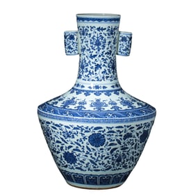 Chinese Qing Dynasty Blue and White Scroll Flower Pattern Guan Er Zun Vase
