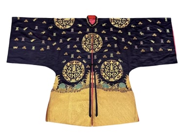 Chinese Qing Dynasty women's jacket with azure satin and a longevity pattern