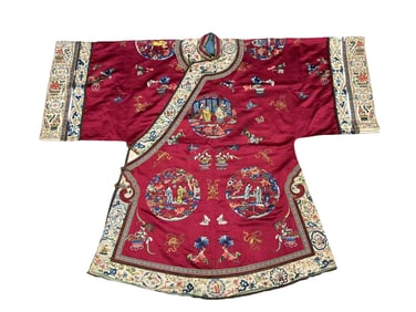 Chinese Qing Dynasty Red Satin Guo Ziyi Birthday Celebration Round Pattern Women's Robe