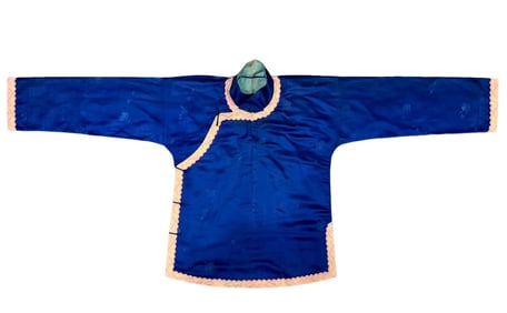 Chinese Qing Dynasty blue dark flower satin trimmed women's jacket