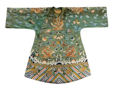 Chinese Qing Dynasty Green Satin with Ganoderma Lucidum and Dragon Pattern Female Python