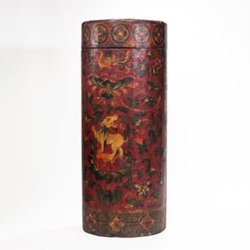 Chinese Qing Dynasty wooden painted thangka tube