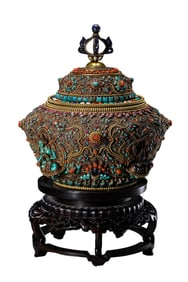 Chinese Qing Dynasty Buddhist Tibetan silver inlaid gemstone covered jar