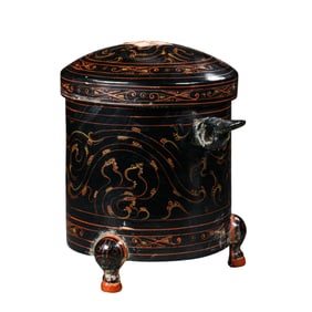 Chinese Han Dynasty painted wooden tripod jar with lid