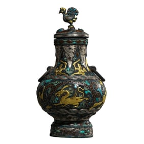 Chinese Warring States Period gold and silver inlaid double-ringed lidded pot