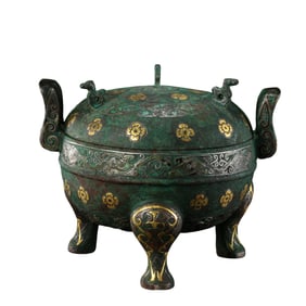 Chinese Warring States Period gold and silver inlaid tripod covered censer