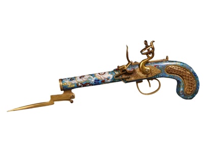 A Chinese cloisonné enamel Hetian jade fire gun from the Qianlong period of the Qing Dynasty