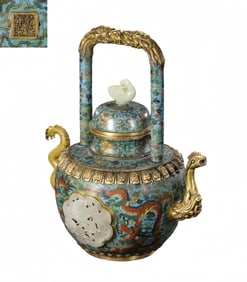 A Chinese Qing Dynasty Qianlong period cloisonné enamel dragon-patterned inlaid Hetian jade handle