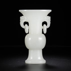 Chinese Qing Dynasty Hetian white jade double-ringed flower vase