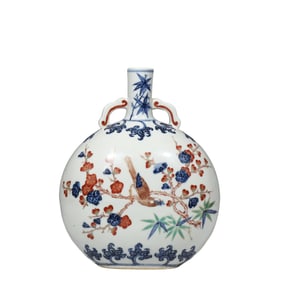 Chinese Qing Dynasty Blue and White Flower and Bird Pattern Moon Vase