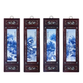 Four-panel blue and white landscape painting by Wang Bu, a 20th-century Chinese art master
