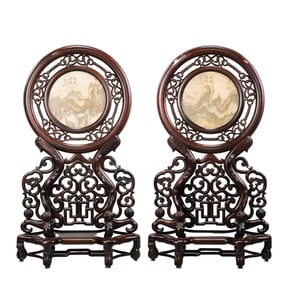 A pair of Chinese rosewood and marble screens
