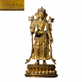 A standing gilt bronze Buddha statue from the Yongle period of the Ming Dynasty, China