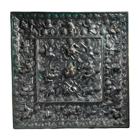 Square bronze mirror with sea beasts and grapes pattern, Tang Dynasty, China