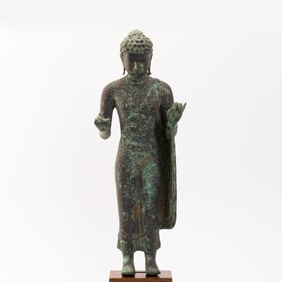 South East Asian Antique Bronze Figure Of Standing Buddha Statue [12.5 x 35cm, 4kg]