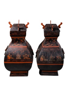 A pair of Chinese Han Dynasty wooden painted square-lidded pots