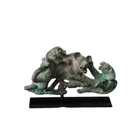 Ancient Chinese Bronze Buckle with Tigers and Wild Boar Scene