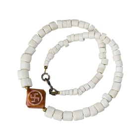 Vintage Glass Bead Necklace with Central Sino-Tibetan Etched Carnelian Beads