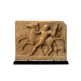 Ancient Greek Marble Bas-Relief Carving of Man with Horse and Dog