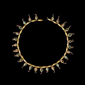 Ancient Bactrian-Greek gold necklace with garnet and turquoise gemstones, 18K