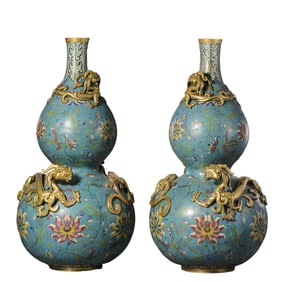 A pair of Chinese Qing Dynasty Qianlong period cloisonné enamel gourd vases
