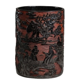 Chinese Qing Dynasty Qianlong period carved red brush holder with story patterns