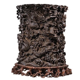 Chinese Qing Dynasty Agarwood Carved Dragon Brush Holder