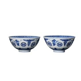 A pair of blue and white bowls with phoenix patterns from the Guangxu period of the Qing Dynasty