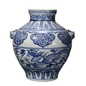 Chinese Yuan Dynasty Blue and White Dragon Pattern Double-Handled Zun Vase