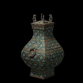 A square-shaped vase with gold, silver and turquoise inlays from the Warring States Period, China