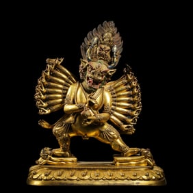 A Chinese Ming Dynasty gilt-bronze statue of Yamantaka