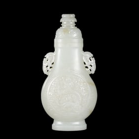 Chinese Qing Dynasty Hetian white jade double-eared cover vase