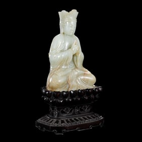 Chinese Qing Dynasty Hetian white jade seated Buddha statue