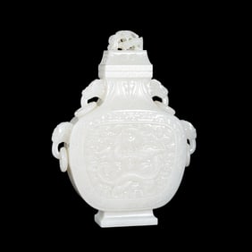 Chinese Qing Dynasty Hetian white jade four-ringed dragon-patterned covered vase