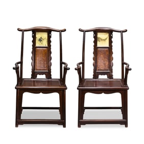 A pair of Chinese Qing Dynasty marble-inlaid armchairs