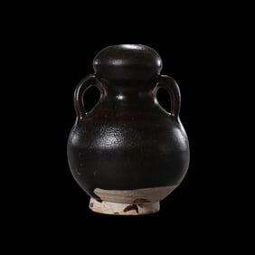 Black-glazed double-handled gourd bottle from Gongxian kiln, Tang Dynasty, China