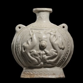 Chinese Sui Dynasty Xiangzhou kiln celadon double-handled flat pot with plastic stickers