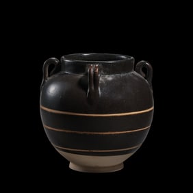 Chinese Tang Dynasty Gongxian kiln black-glazed four-handled jar