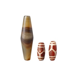 Group of Three Agate Beads with Geometric and Banded Designs