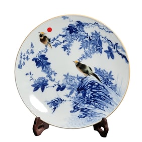 Jingdezhen Blue and White Porcelain Plate with Overglaze Enamel “Birds and Blossoms