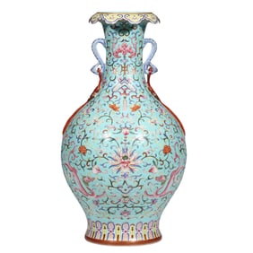 Famille Rose Vase with Lotus Scroll and Handles, Jiaqing Mark and Period